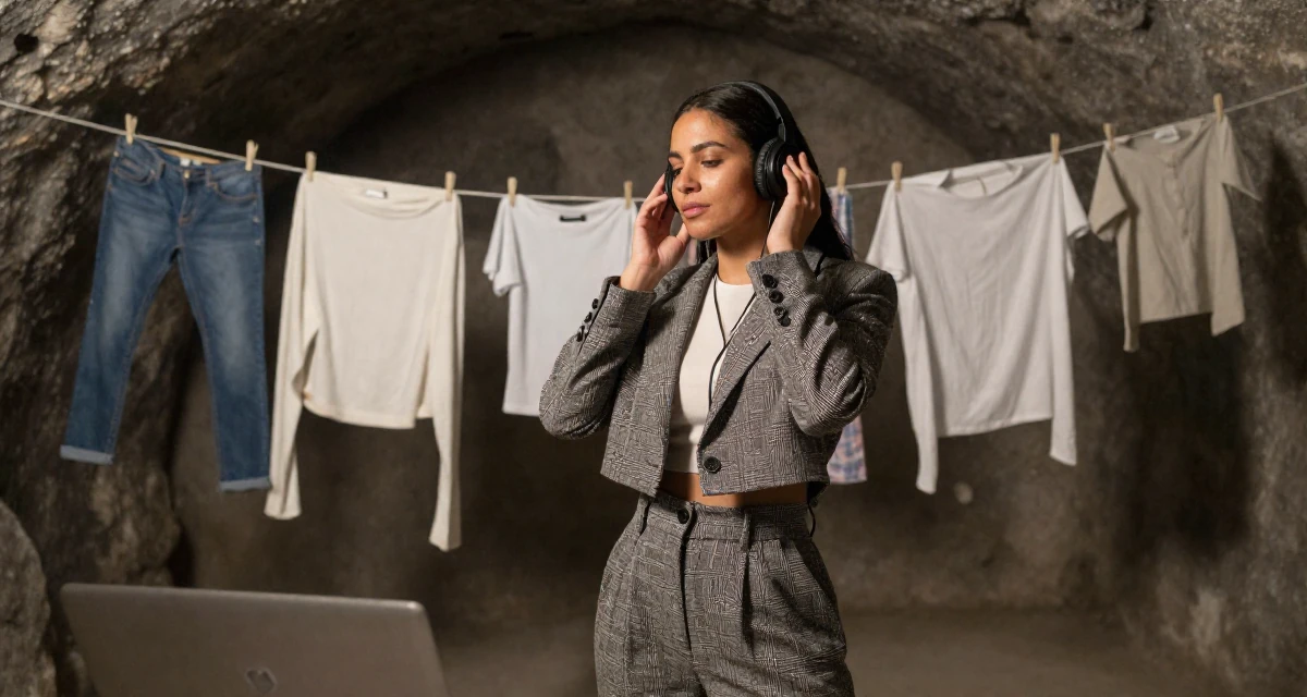 A mellow Female Former volunteer teacher, now crafting empowering creator narratives in their 29, balancing content creation with part-time work, wearing a cropped blazer and high-waisted trousers set, listening to music with headphones in a dungeon cell.