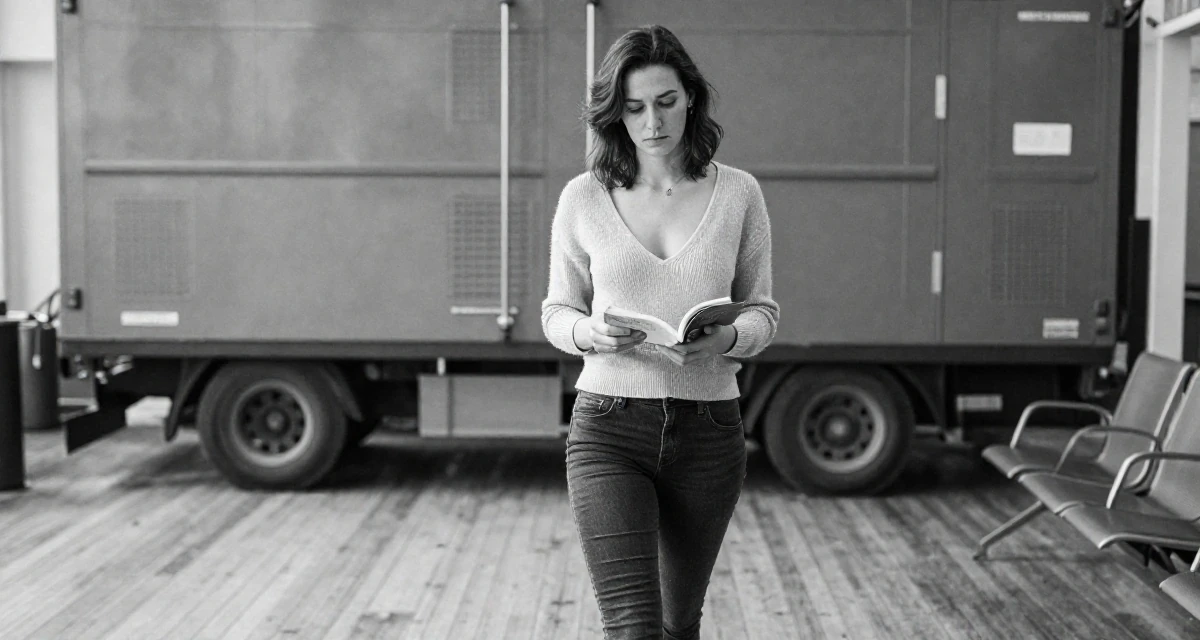 A bashful Female From Netherlands, has a background in logistics in their 32, advocating for work-life boundaries, wearing a plunging v-neck sweater and skinny jeans, turning a page in a waiting room.