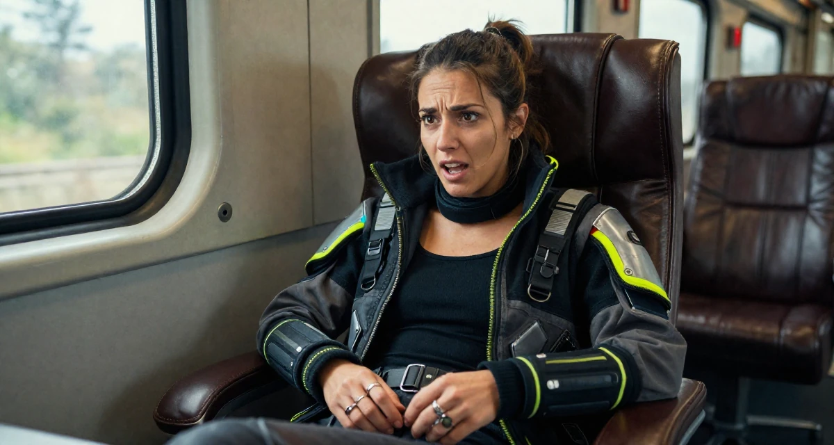 A energetic Female Once a dog trainer, now a pet-friendly lifestyle content creator in their 20, feeling a mix of excitement and deep anxiety, wearing a cyberpunk street samurai gear with neon accents, playing with a ring in a train carriage.