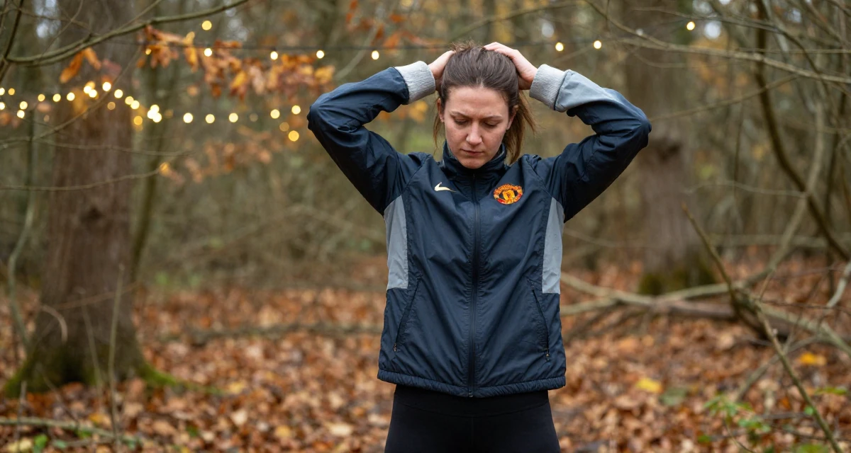 A determined Female From Manchester United Kingdom, studied sports science in their 22, dealing with burnout from too many posting expectations, wearing a sporty windbreaker and leggings, pulling a sweater sleeves over hands in a autumn forest.