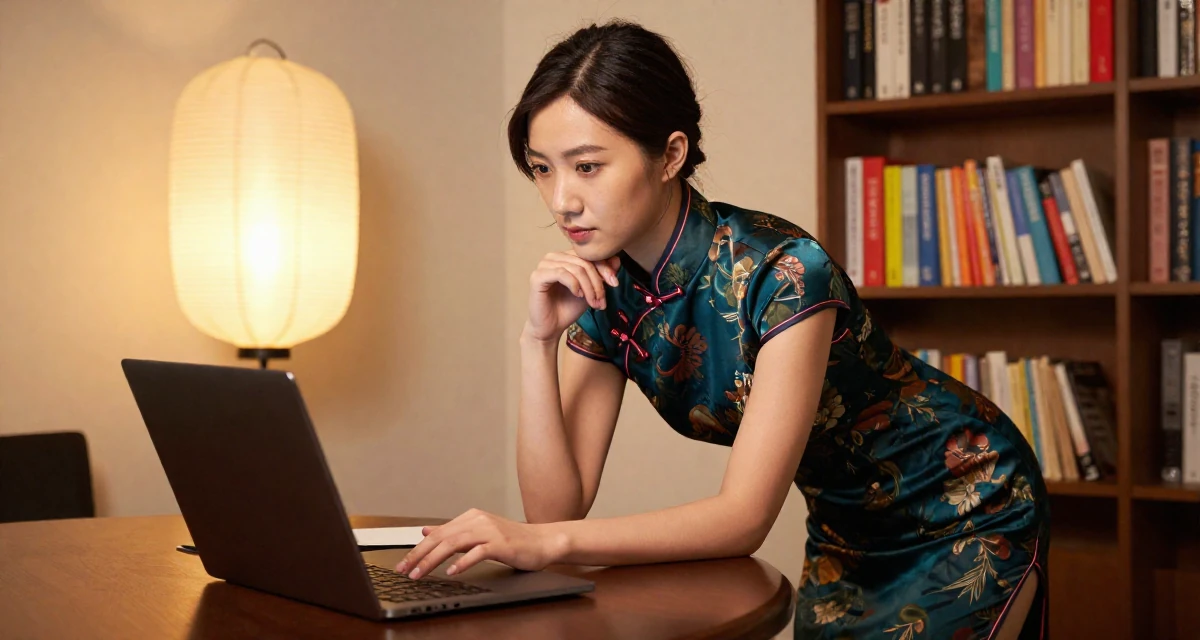 A steady Female From Marseille France, majored in culinary arts in their 22, experimenting with online creative platforms, wearing a Chinese qipao (cheongsam) modified with a high slit, touching the chin thoughtfully in a basement studio.