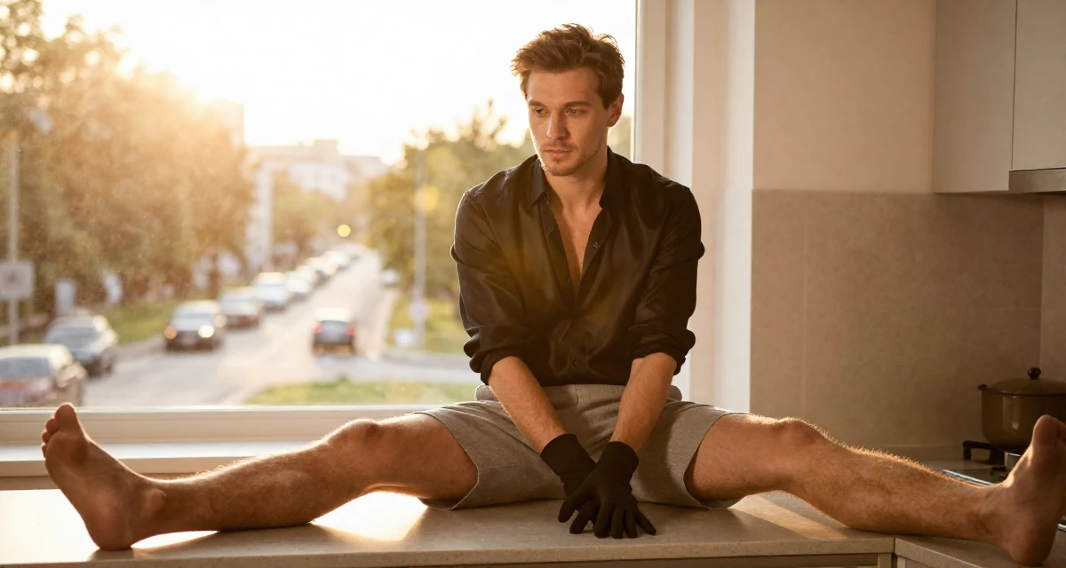 A introspective male Born in Ukraine, majored in creative communication in their 30, transitioning from corporate grind to creative freedom, wearing a black silk blouse slightly unbuttoned and a grey skirt, putting on a glove in a sunlit kitchen island.