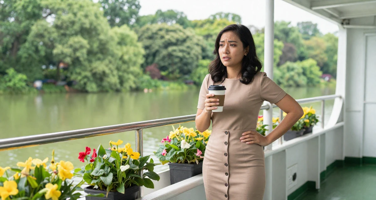 A emotional Female From Indonesia, majored in visual communication in their 23, investing more time in self-marketing, wearing a fitted midi skirt with buttons down the front, holding a coffee cup with both hands in a ferry deck.