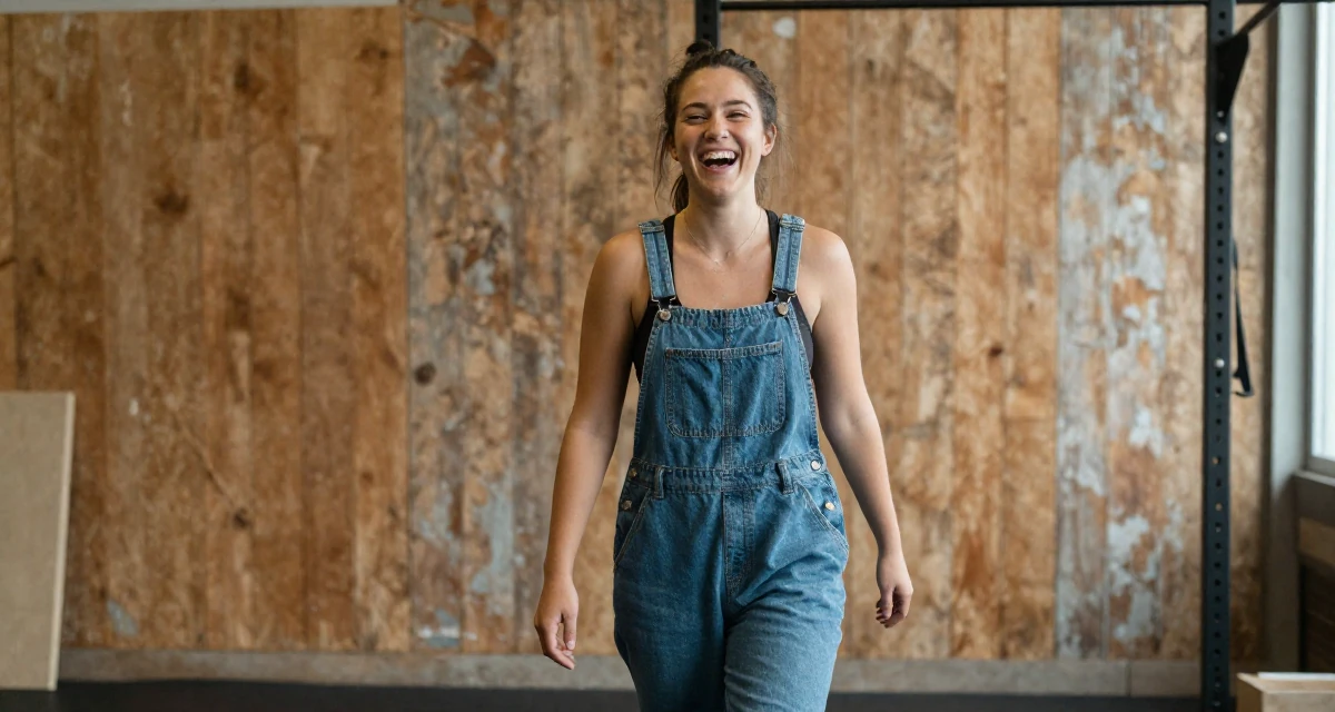 A cheerful Female From United States, majored in forestry studies in their 23, learning to rebuild after severe drops in engagement, wearing a relaxed dungarees or overalls, laughing uncontrollably in a gym interior.