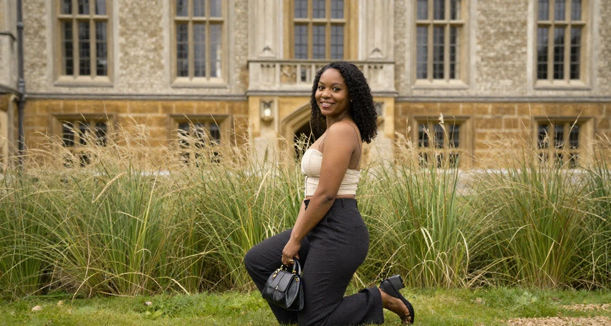 A sincere Female From England, majored in philosophy in their 25, looking back at 21 with a wise smile, wearing a cropped bustier top and high-waisted slacks, holding a purse tightly in a royal palace throne room.