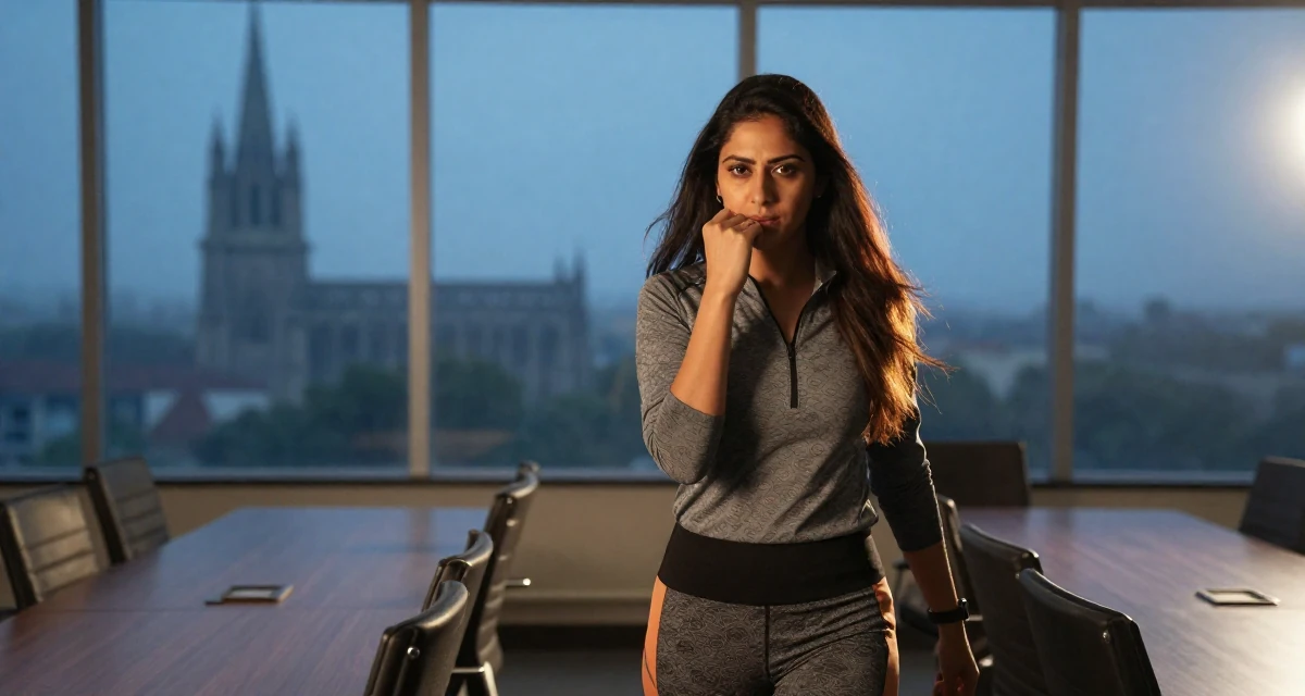 A resolute Female From Pakistan, based in Lahore, graduated from a business school majoring in marketing management in their 47, expert in navigating difficult conversations, wearing a sporty athleisure look, biting the lower lip softly in a conference room.