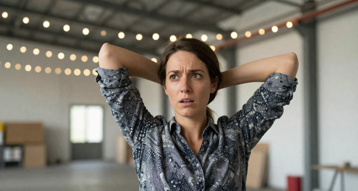 A subtly surprised Female Raised in Germany, studied visual communication design in their 20, dealing with the first major heartbreak, wearing a relaxed fit patterned shirt, stretching the neck in a industrial warehouse.