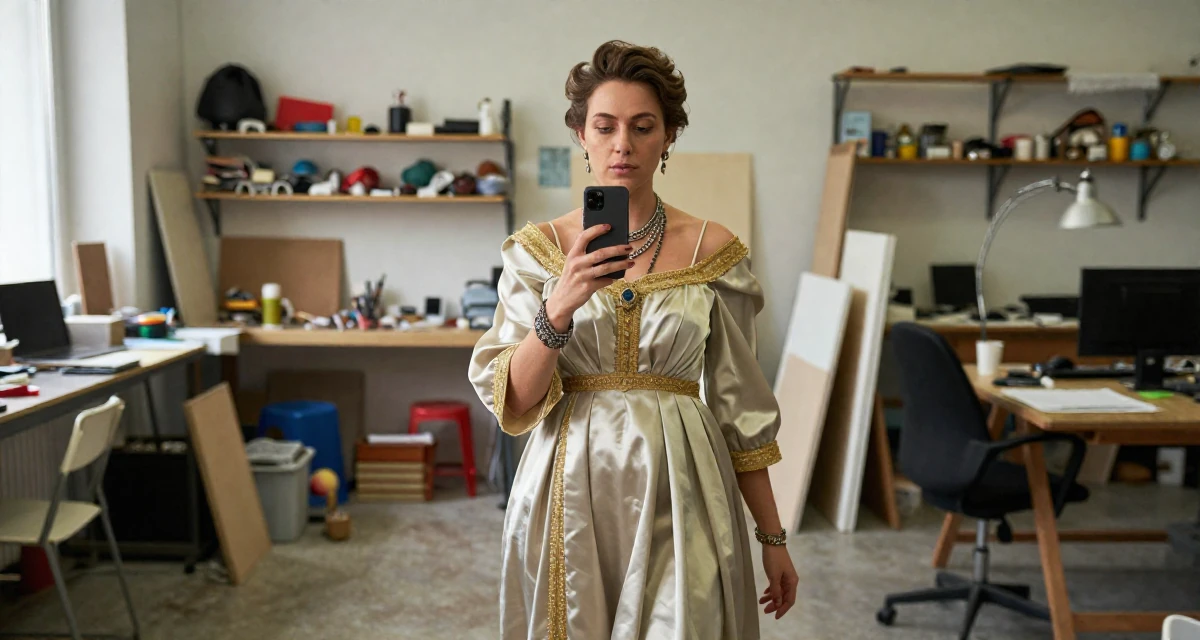 A gently serious Female From Hungary, has a background in physical education in their 20, hiding insecurity behind a cool facade, wearing a regal empress gown with heavy silk and jewelry, snapping a photo with a phone in a artist workshop.
