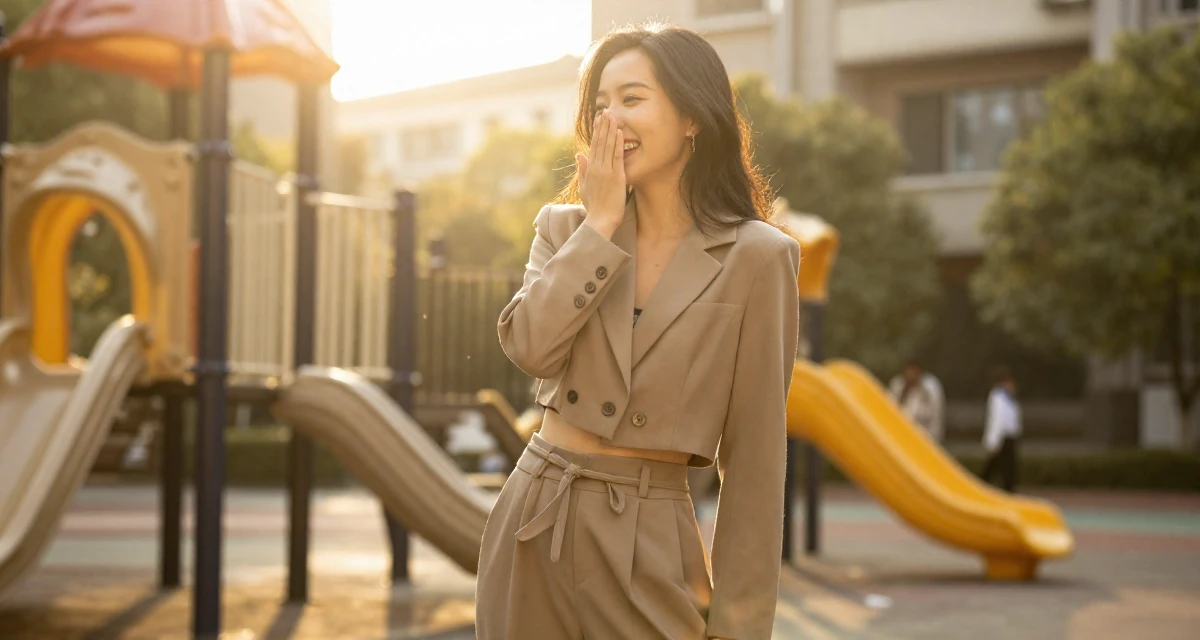 A mysterious Female From ChangSha China, holds a degree in human resource management in their 32, exploring sustainable fashion and ethical living, wearing a cropped blazer and high-waisted trousers set, covering a laugh with one hand in a school playground.