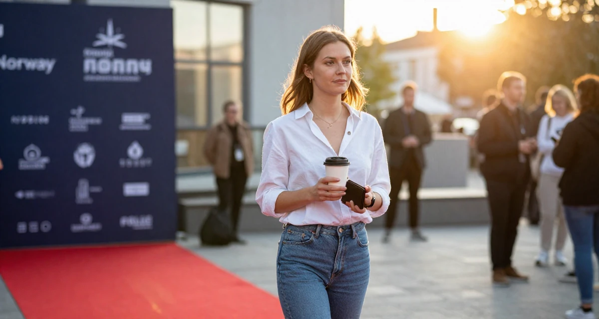 A thoughtful Female From Norway, studied renewable energy engineering in their 20, fueled by caffeine and late-night ambition, wearing a effortless white blouse and jeans, checking a wallet in a red carpet event.