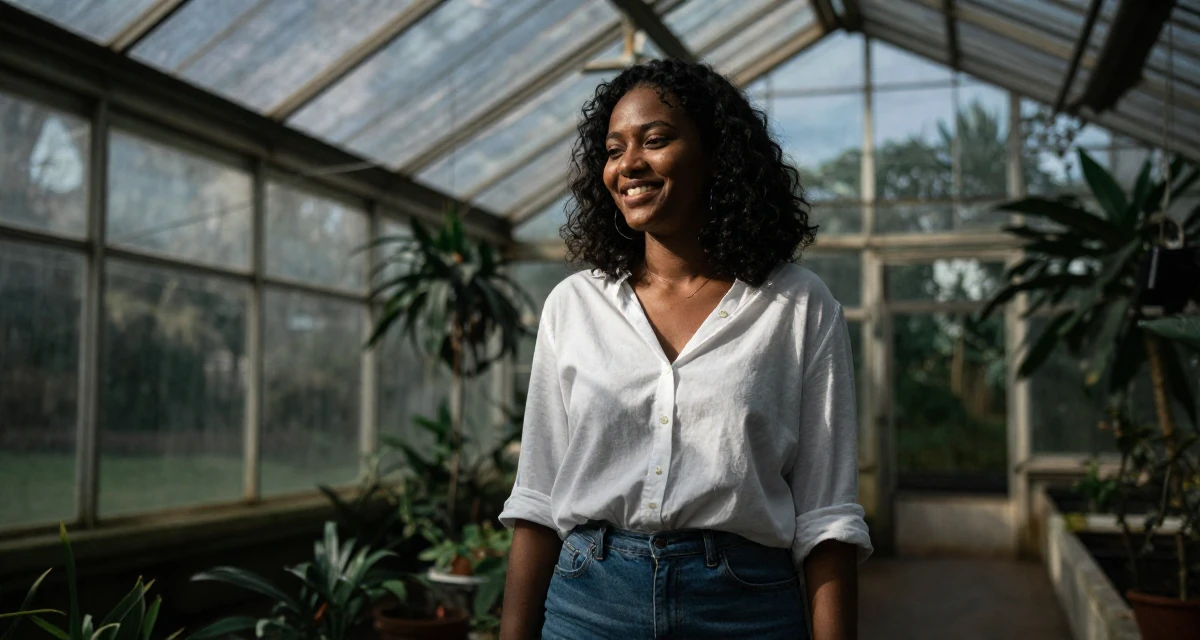 A unbothered Female From Ghana, majored in banking and finance in their 22, figuring out what content brings recurring subs, wearing a effortless white blouse and jeans, laughing softly in a greenhouse interior.