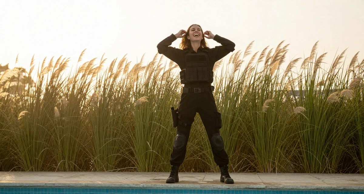 A timid Female Once a calligraphy hobbyist, now integrating art into sensual themes in their 21, laughing openly with head thrown back, wearing a special forces tactical suit in matte black, adjusting a hairpin in a swimming pool.