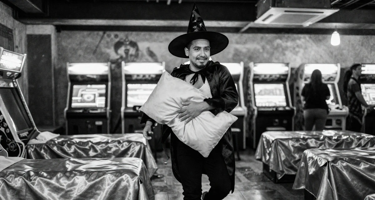 A charming male From Mexico City Mexico, learned expressive movement through Latin dance in their 30, knowing the hustle is hard but quitting feels worse, wearing a classic witch costume with a wide-brimmed hat, hugging a pillow or cushion in a arcade room with neon lights.