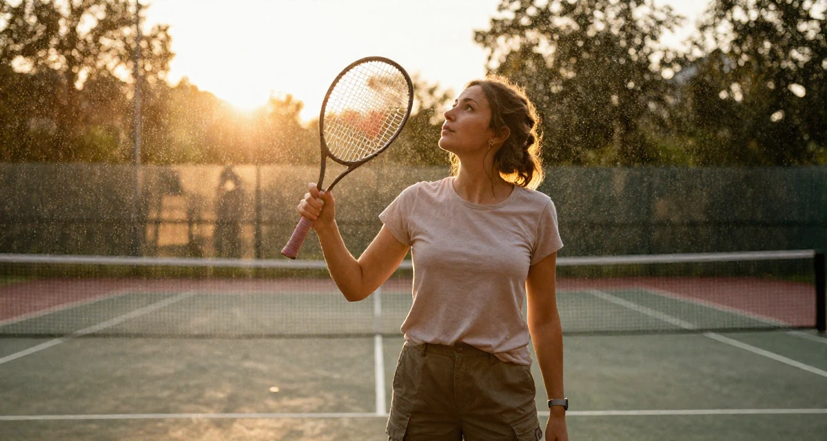 A wistful Female From Kraków Poland, majored in European studies in their 25, stabilizing monthly income and planning long-term strategy, wearing a simple t-shirt and cargo pants, fanning self with a hand in a tennis court.