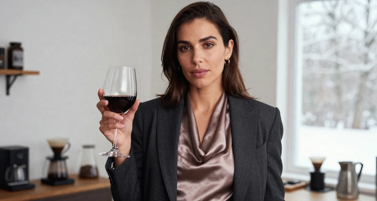 A mellow Female Once a babysitter, now documenting grown-up self-expression in their 36, expert in coffee culture and brewing, wearing a satin cowl neck top under a business suit, holding a wine glass by the stem in a home interior.