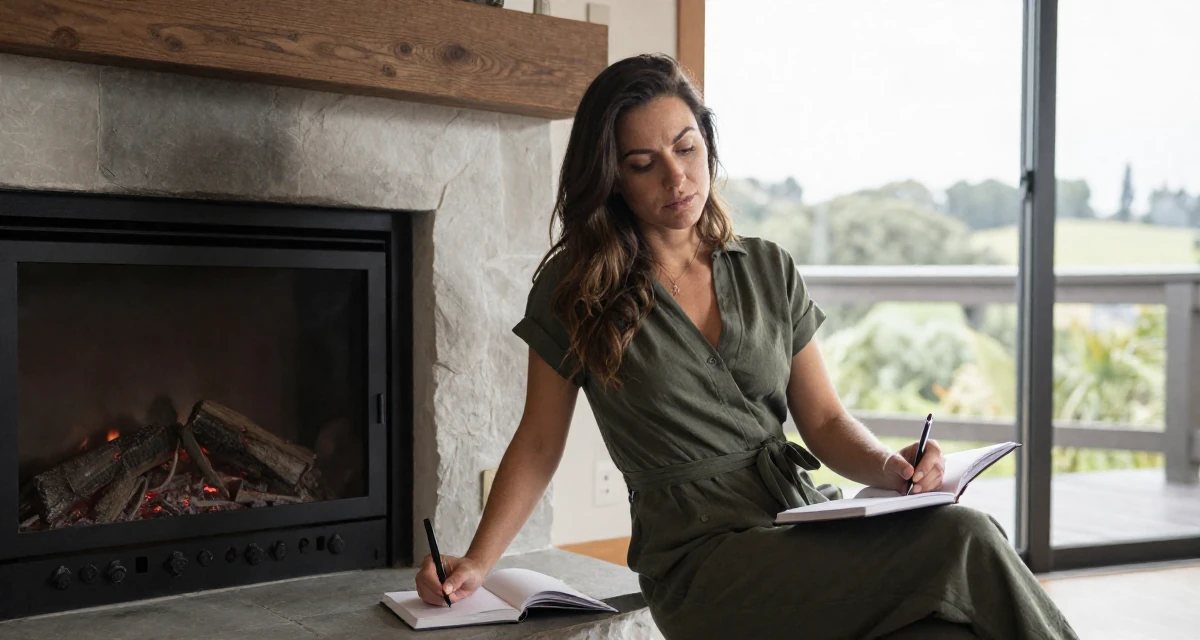 A wistful Female From Auckland New Zealand, studied animation in their 25, taking first steps toward financial autonomy, wearing a chic jumpsuit styling, writing in a journal in a ski lodge fireplace.