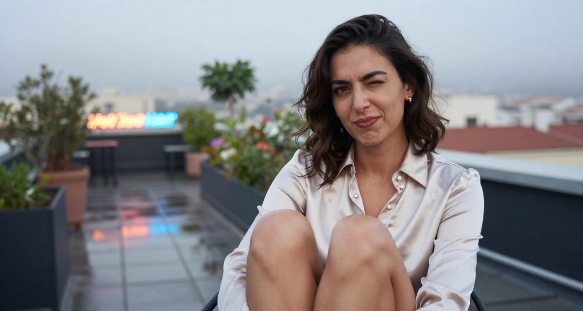 A composed Female From Athens Greece, studied philosophy in their 22, struggling to stay inspired with limited resources, wearing a satin blouse with pearl buttons, winking playfully in a rooftop garden.