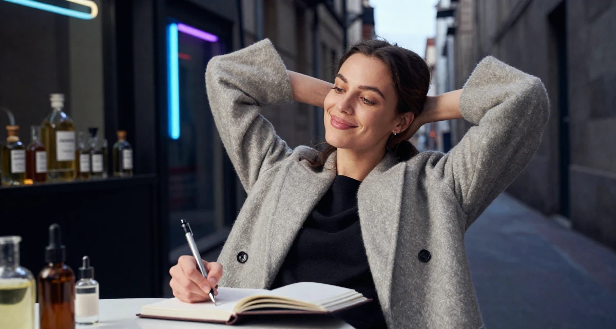 A hopeful Female From France, trained in perfumery and chemistry in their 24, learning to say no without guilt, wearing a elegant woolen coat styling, writing in a journal in a home interior.