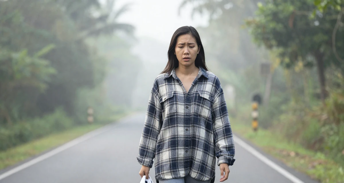 A worried Female From Malaysia, majored in international business in their 36, focusing on mental health and mindfulness, wearing a cozy oversized flannel, holding a mask (cosplay/prop) in a country road.