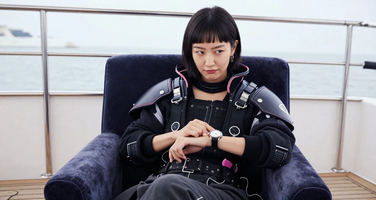 A witty Female From South Korea, studied interface design in their 41, rediscovering personal style after forty, wearing a cyberpunk street samurai gear with neon accents, checking a wristwatch in a yacht deck.