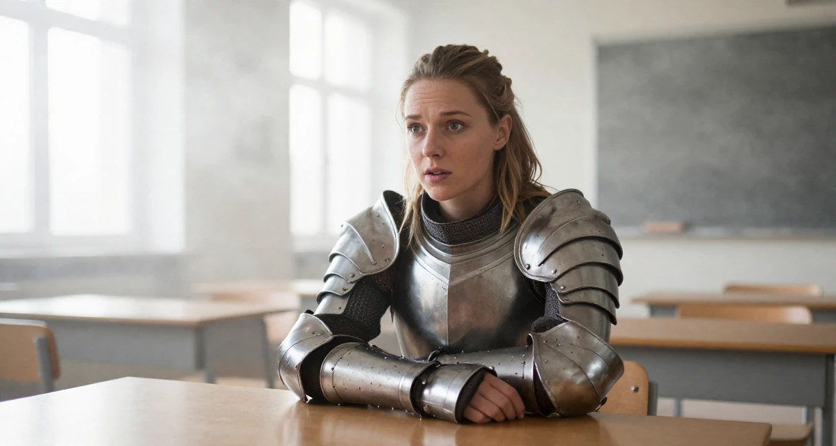 A subtly surprised Female From Sweden, trained in interior architecture in their 22, mastering the art of subtle teasing through framing, wearing a battle-damaged armor showing skin underneath, resting hands on a table in a classroom setting.
