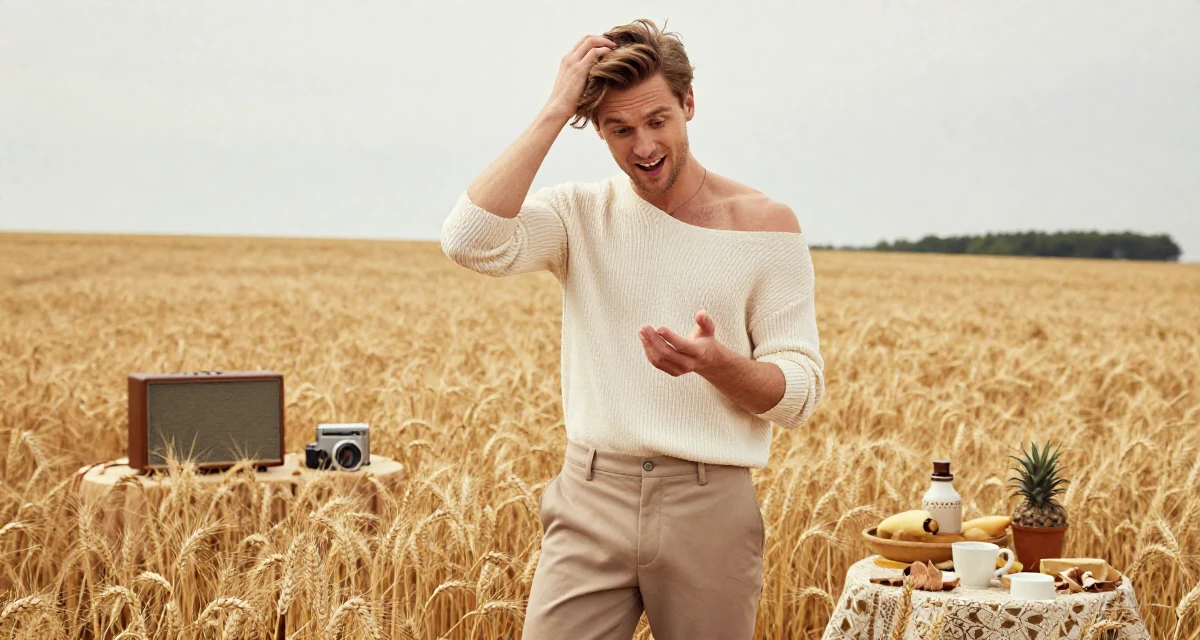 A cheerful male From Austria, majored in music theory in their 22, shocked by the cost of rent and groceries, wearing a off-the-shoulder knit top and fitted trousers, inspecting fingernails in a golden wheat field.