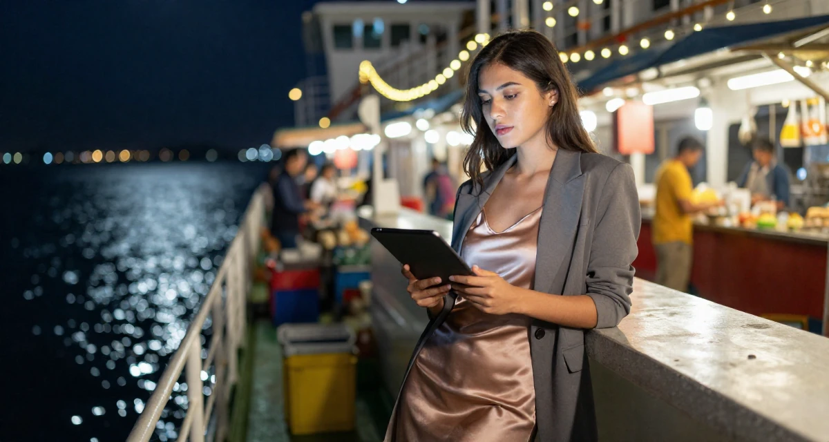 A sophisticated Female From the Philippines, majored in creative writing in their 20, discovering their first real sense of independence, wearing a satin slip skirt paired with a structured blazer, holding a tablet device in a ferry deck.