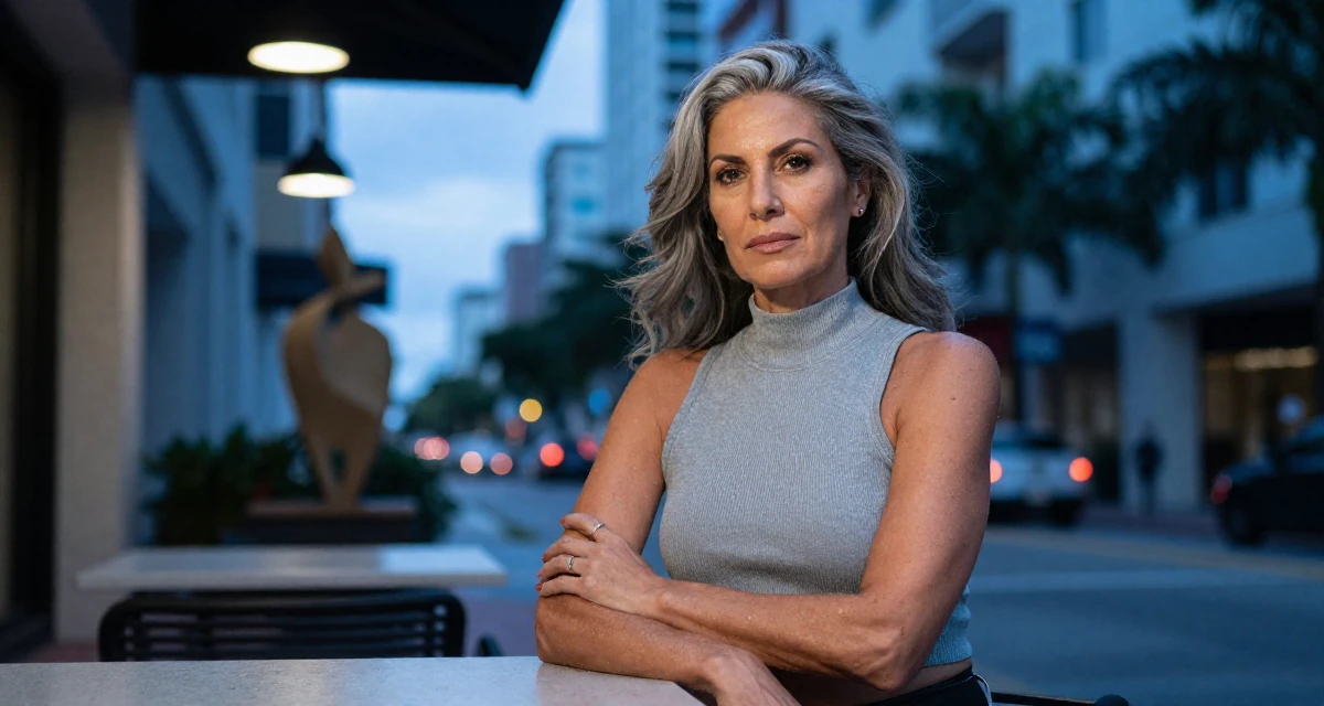A resolute Female From Miami USA, studied hospitality and tourism in their 48, embracing grey hair with style and grace, wearing a high-neck sleeveless crop top showing toned arms, resting hands on a table in a urban street.