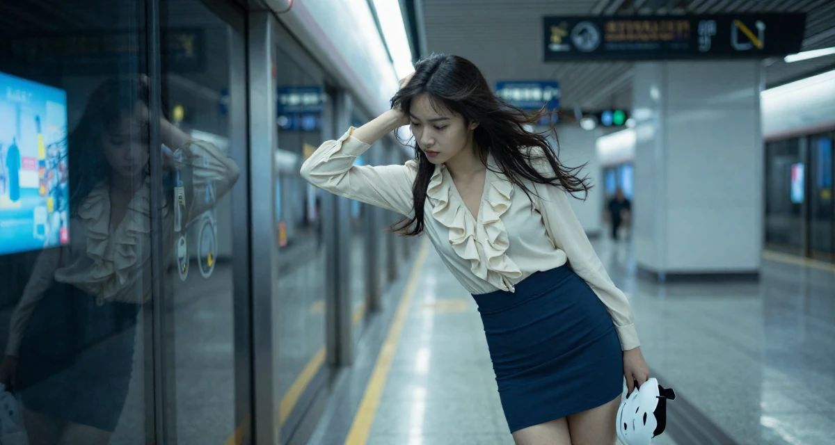 A determined Female Former sales rep, now leveraging charisma for digital storytelling in their 24, observing peers’ progress and feeling comparison pressure, wearing a ruffled blouse tucked into a tight mini skirt, holding a mask (cosplay/prop) in a subway platform.
