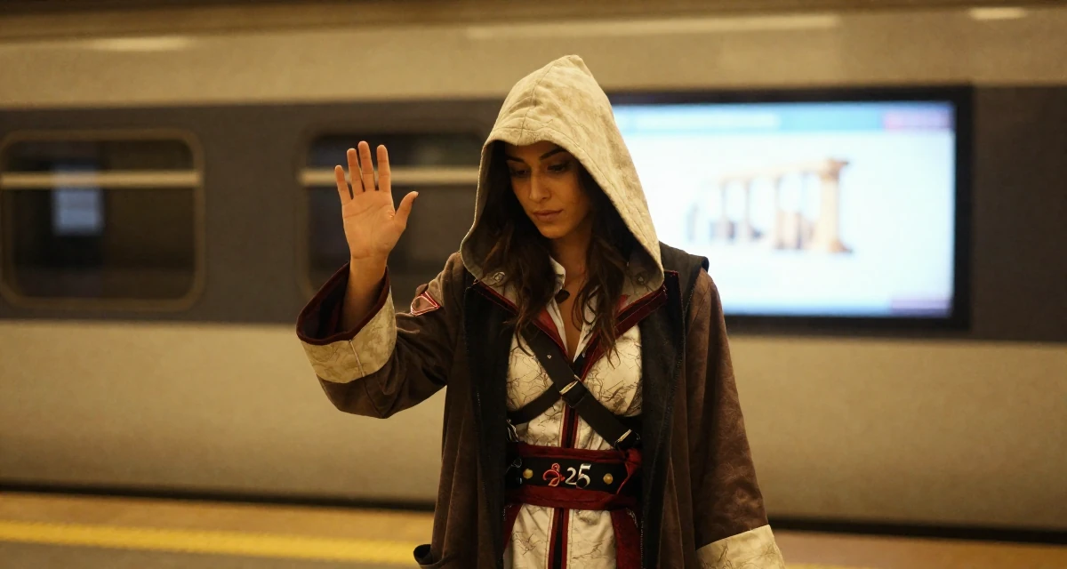 A aloof but intriguing Female From Portugal, based in Porto, graduated from a polytechnic majoring in visual media in their 25, realizing 25 is still incredibly young, wearing a assassin creed style hooded robe and tunic, looking down at the ground shyly in a train platform.