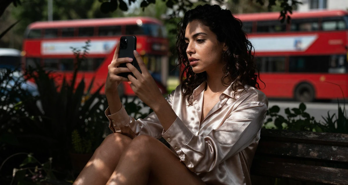 A soulful Female From Chile, studied commercial design in their 25, experimenting with color palettes that feel sensual, wearing a satin button-up shirt in champagne color, taking a photo in a backyard garden.