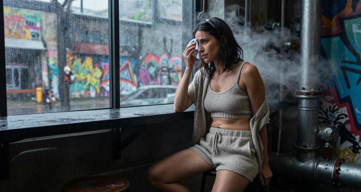 A pensive Female From USA, studied computer science but switched to arts in their 50, established authority in a niche industry, wearing a knitted loungewear shorts and a matching tiny top, wiping sweat from the brow in a rainy window seat.