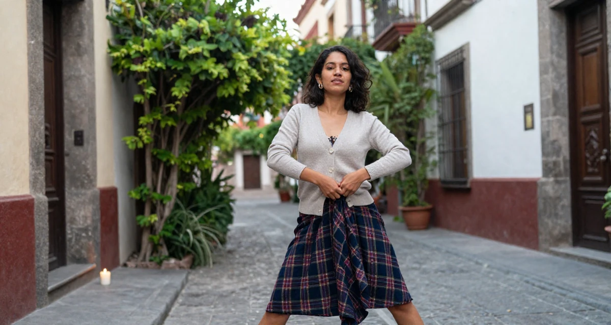 A fearless Female From Mexico City Mexico, learned expressive movement through Latin dance in their 25, building a loyal fanbase with tasteful flirty storytelling, wearing a classic librarian style cardigan and a plaid skirt, smoothing down a dress in a quaint European street.