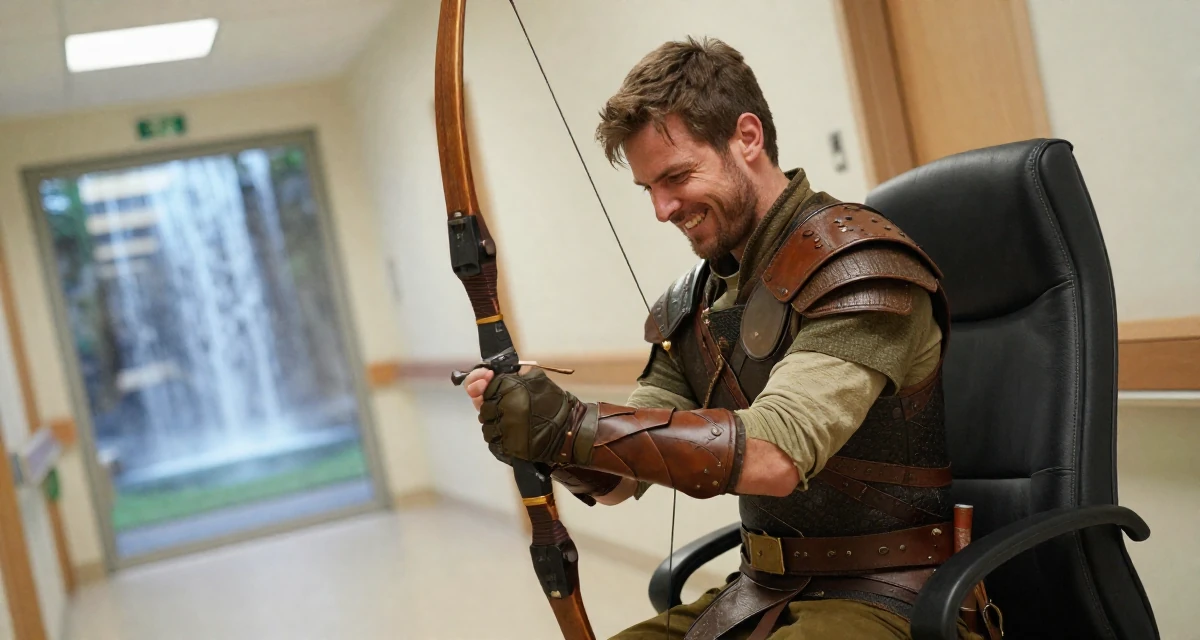 A charismatic male From Luxembourg, studied European business law in their 22, sacrificing weekends for content planning, wearing a fantasy elven archer outfit with leather armor details, removing a glove in a hospital corridor.