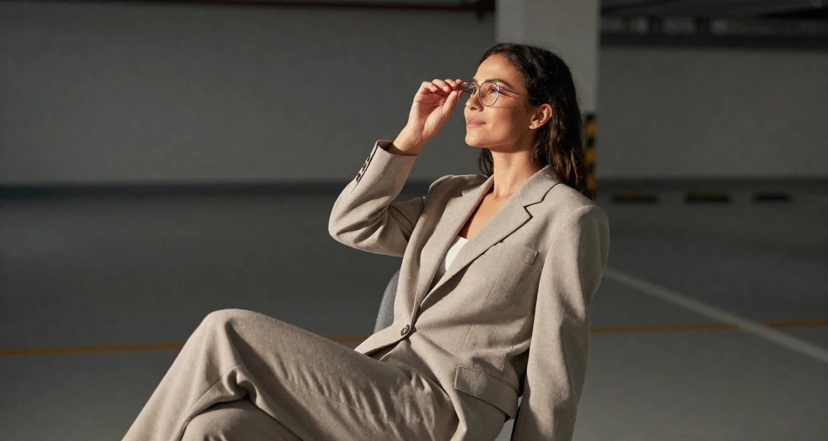 A charismatic Female From Lyon France, studied fashion marketing in their 24, forming long-term goals for the first time, wearing a relaxed fit suit separate, adjusting glasses in a underground parking garage.