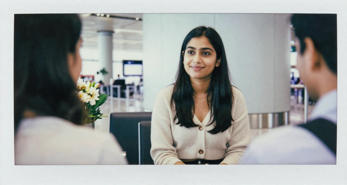A sympathetic Female From Sri Lanka, studied digital commerce in their 27, investing in equipment instead of vacations, wearing a cropped cardigan with only one button fastened, smiling at a stranger in a airport terminal.