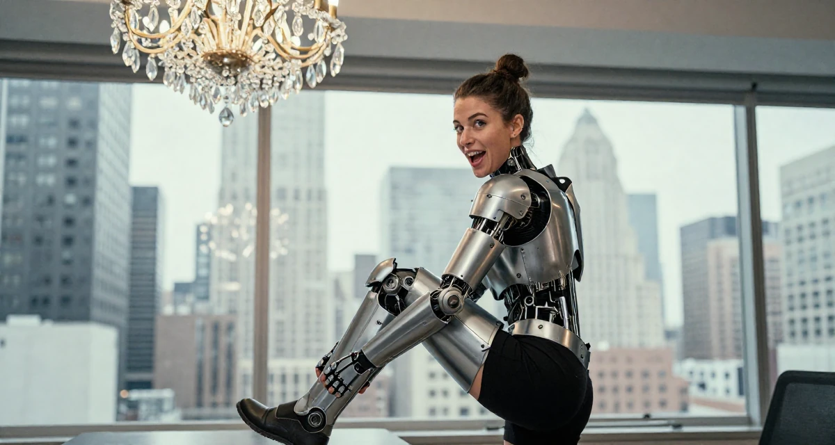 A enthusiastic Female From Canada, trained in culinary arts in their 25, realizing fans respond to confident playful energy, wearing a futuristic android body armor with exposed mechanical parts, glancing over the shoulder in a high-rise office building.