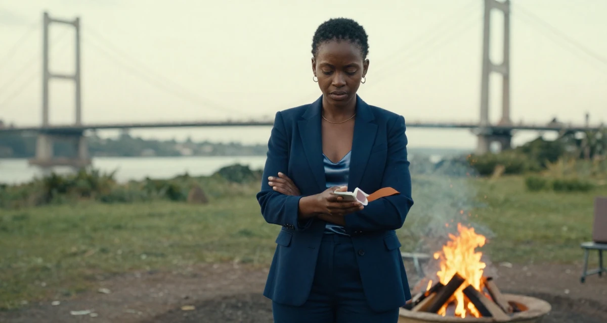 A hypnotic Female From Mozambique, studied environmental science in their 47, art collector sharing gallery experiences, wearing a crisp navy blue blazer over a silk camisole and trousers, wiping hands in a campfire circle.