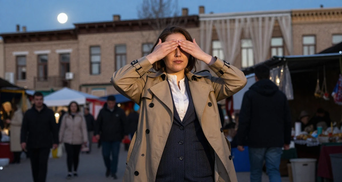 A reflective Female From Turkmenistan, studied industrial technology in their 43, sharing organization hacks for busy moms, wearing a classic trench coat worn over a business dress, covering eyes from the sun in a bustling market.