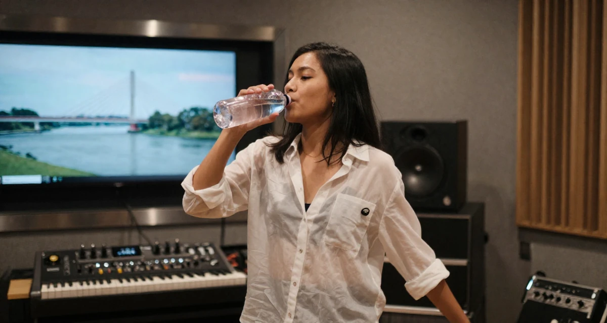 A stoic Female From Penang Malaysia, studied UI/UX design in their 23, investing more time in self-marketing, wearing a translucent white blouse and a dark bra underneath, drinking from a water bottle in a music studio.