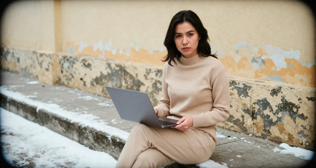 A serious Female From Vietnam, based in Da Nang, graduated from a local university majoring in e-commerce in their 23, saving aggressively for a dream travel trip, wearing a monochromatic beige outfit with a knit top and trousers, holding a laptop in a snowy sidewalk.