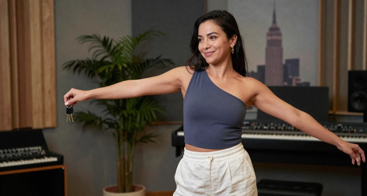 A satisfied Female Former aerobics instructor, now filming premium workout sessions in their 47, preparing for empty-nest life, wearing a one-shoulder fitted top and white linen trousers, holding a set of keys in a music studio.