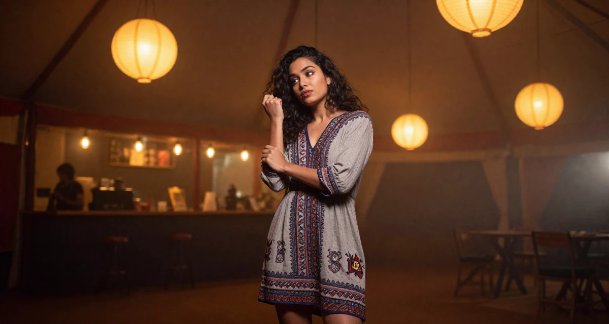 A playful Female From Sri Lanka, based in Kandy, graduated from a regional institute majoring in advertising in their 22, dealing with burnout from too many posting expectations, wearing a relaxed bohemian style dress, fixing a cufflink in a circus tent interior.