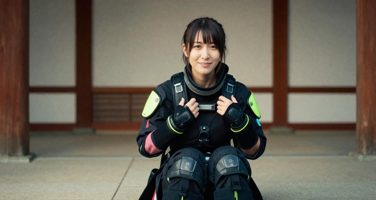 A satisfied Female From Hamburg Germany, learned studio lighting from fashion workshops in their 24, forming long-term goals for the first time, wearing a cyberpunk street samurai gear with neon accents, adjusting a backpack strap in a Japanese Shinto shrine.