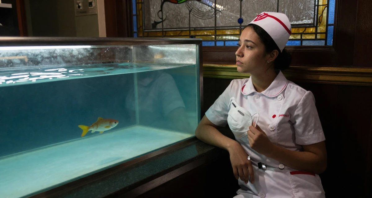 A thoughtfully silent Female Once a logistics temp worker, now enjoying flexible creator life in their 22, feeling like a small fish in a big corporate pond, wearing a nurse cosplay uniform with a stylized cap, holding a mask (cosplay/prop) in a bakery counter.
