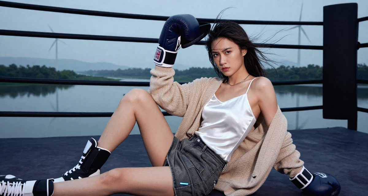 A defiant Female From China, holds a degree in human resource management in their 20, exploring identity through bold fashion choices, wearing a white silk camisole and a beige cardigan, holding a hat against the wind in a boxing ring.