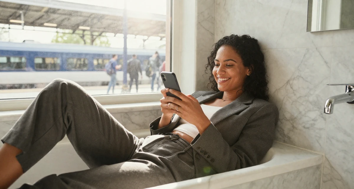 A friendly and approachable Female From Ireland, majored in creative media production in their 20, experiencing the first taste of freedom away from home, wearing a cropped business jacket and high-waisted pants, checking a phone in a marble bathroom with a tub.