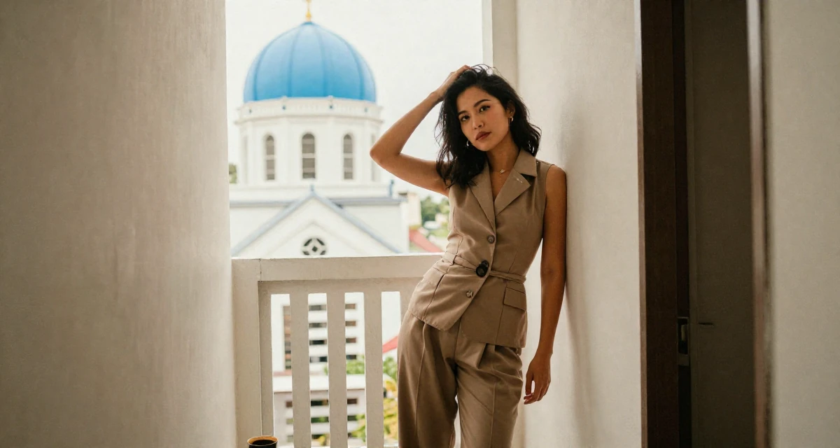 A proud and dignified Female From Thailand, majored in entertainment business in their 32, first-time homeowner documenting renovation process, wearing a fitted waist coat and wide leg trousers, scratching a head lightly in a narrow hallway.