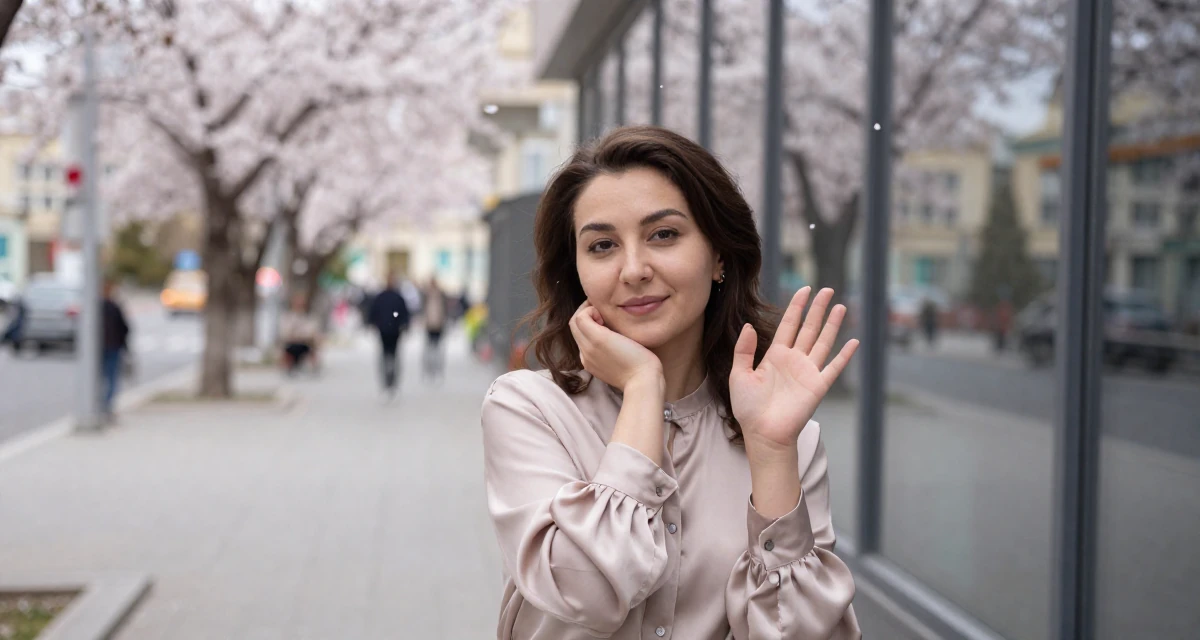 A serene and peaceful Female From Kyrgyzstan, majored in public health in their 28, facing that growth sometimes plateaus for months, wearing a silk blouse with oversized cuffs, waving to someone in a pedestrian plaza.