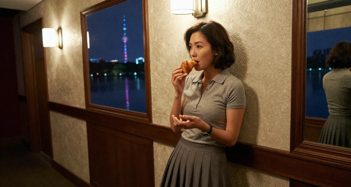 A nostalgic Female From Taiwan, studied visual communication design in their 45, reviewing anti-aging products with honesty, wearing a short pleated skirt and a tight polo shirt, eating a croissant in a cinema lobby.